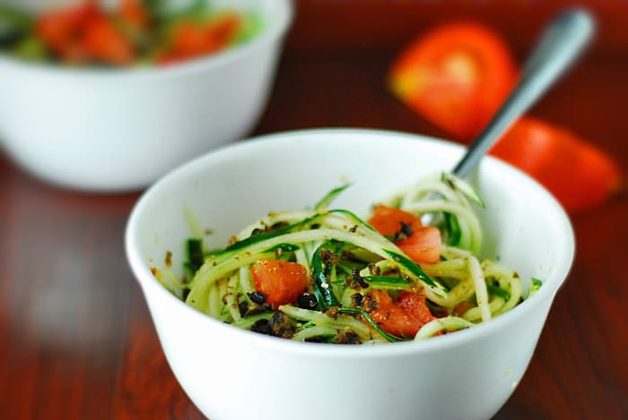 Low Carb Cucumber Pasta Salad - Healthy cucumber salad perfect as a spring or summer side or appetizer on a low carb diet.