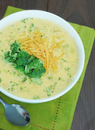 Broccoli Cheese Soup - so creamy, and it's actually healthy! Includes nutritional information.