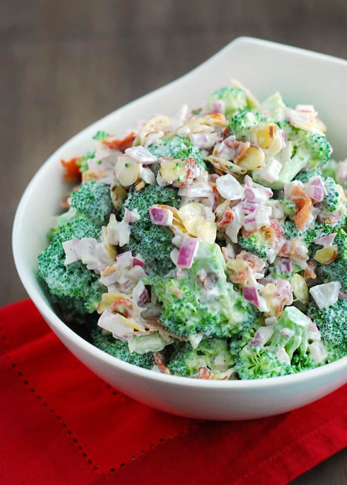 Low Carb Broccoli Salad - Healthy, hearty and loaded with toasted almonds and crunchy bacon.