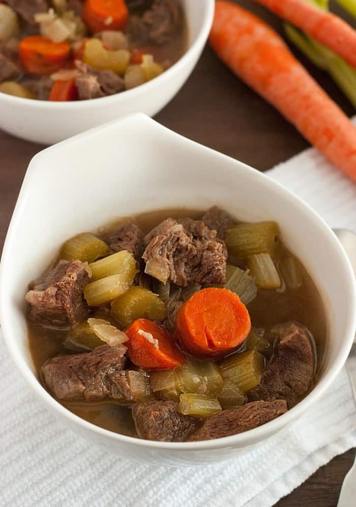 This is the BEST low carb friendly Beef Stew! With juicy tender beef chunks that melt in your mouth and a glorious rich soup loaded with vegetables, it's the ultimate comfort food. @TheLowCarbDiet