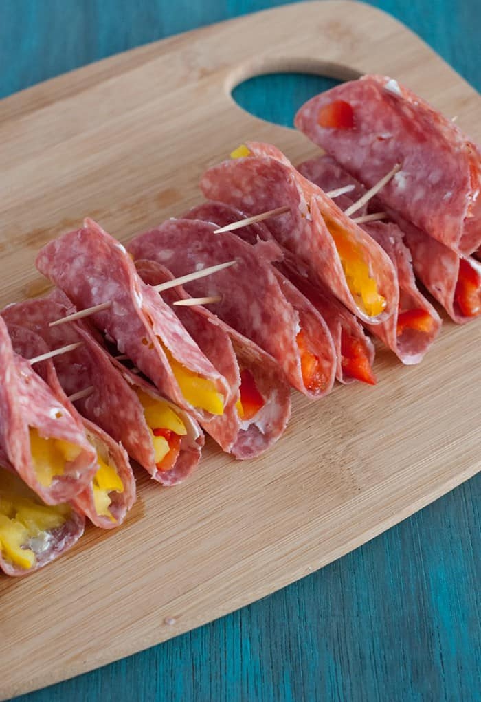 Party friendly Salami and Cream Cheese Roll Ups. Can't wait to try them!