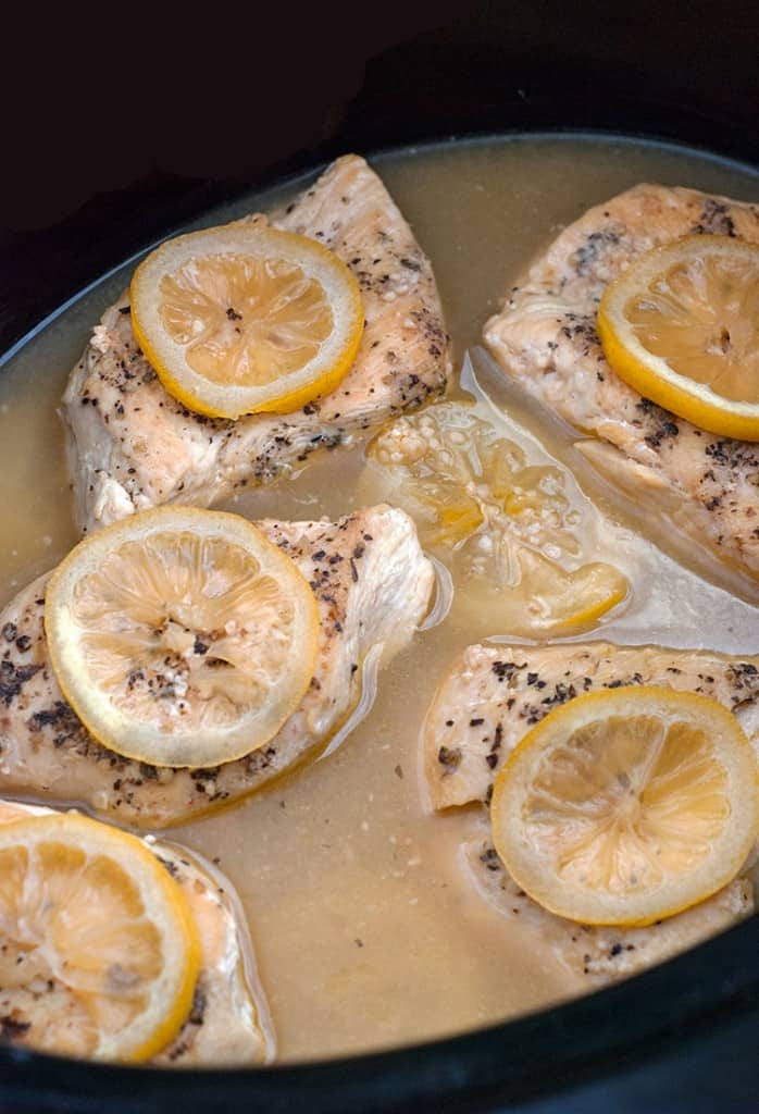 Slow Cooker Lemon Garlic Chicken - This dish is bright, flavorful, and healthy, too! (Low Carb and Gluten-Free)
